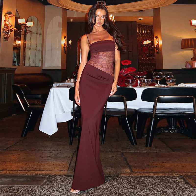 Sina – figurbetontes Maxikleid mit Schnürträgern und transparenter Spitzen-Corsage