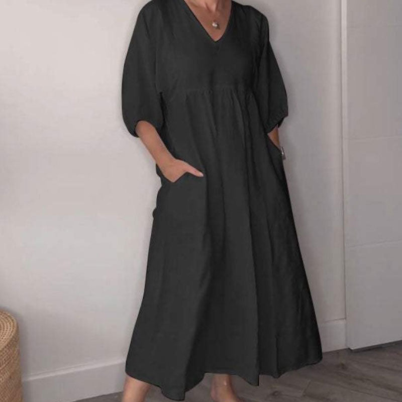Women's Long V-Neck Dress with Pockets