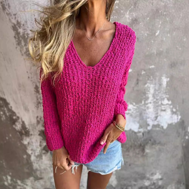 Women's Chunky Knit Sweater with Deep V-Neck