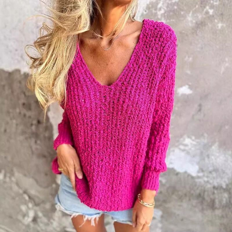 Women's Chunky Knit Sweater with Deep V-Neck
