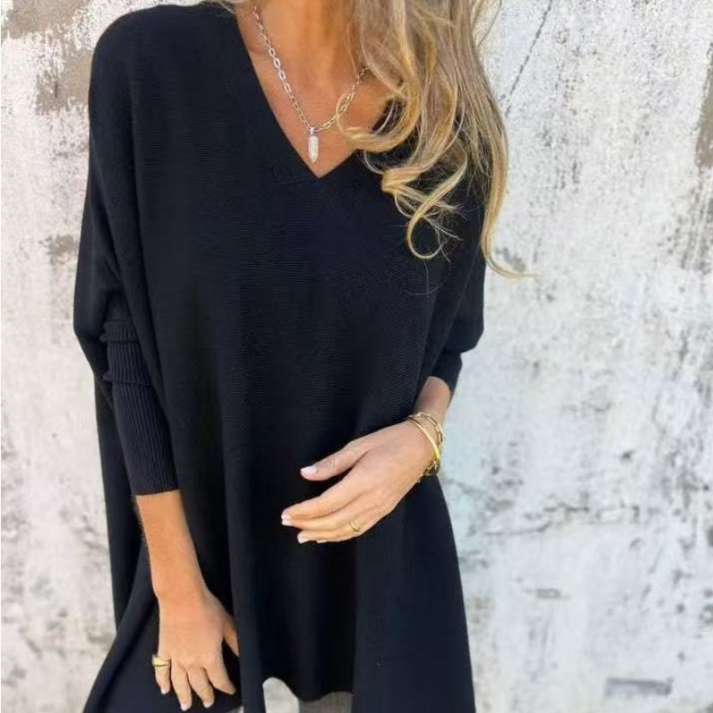 Women's Loose V-Neck Top with Dipped Hem