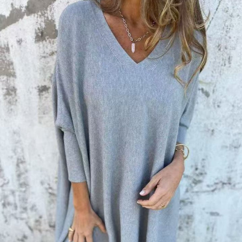 Women's Loose V-Neck Top with Dipped Hem