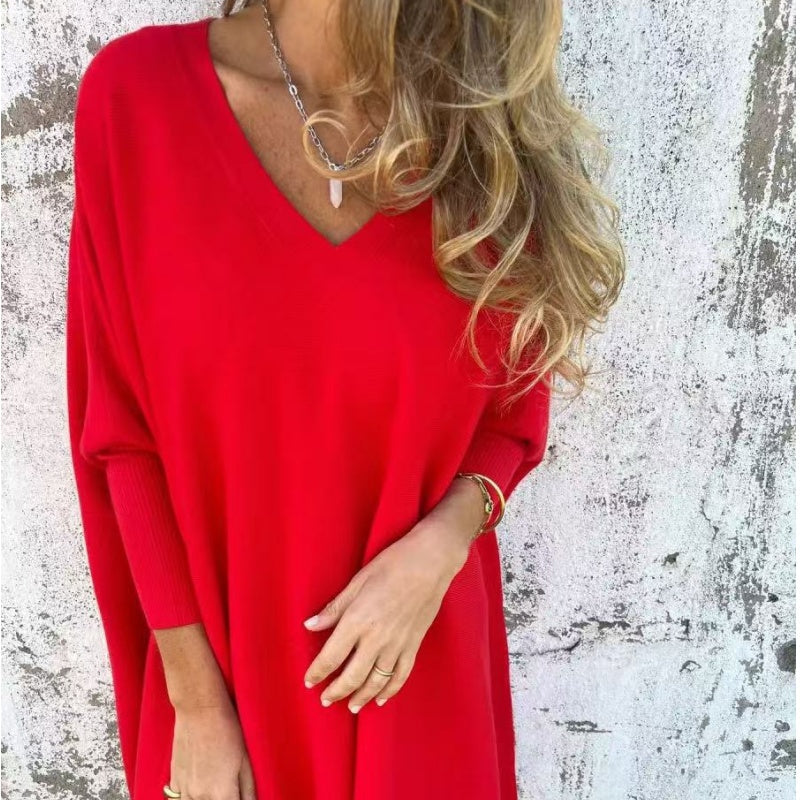 Women's Loose V-Neck Top with Dipped Hem