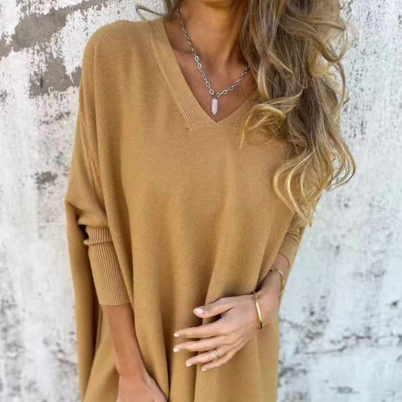 Women's Loose V-Neck Top with Dipped Hem