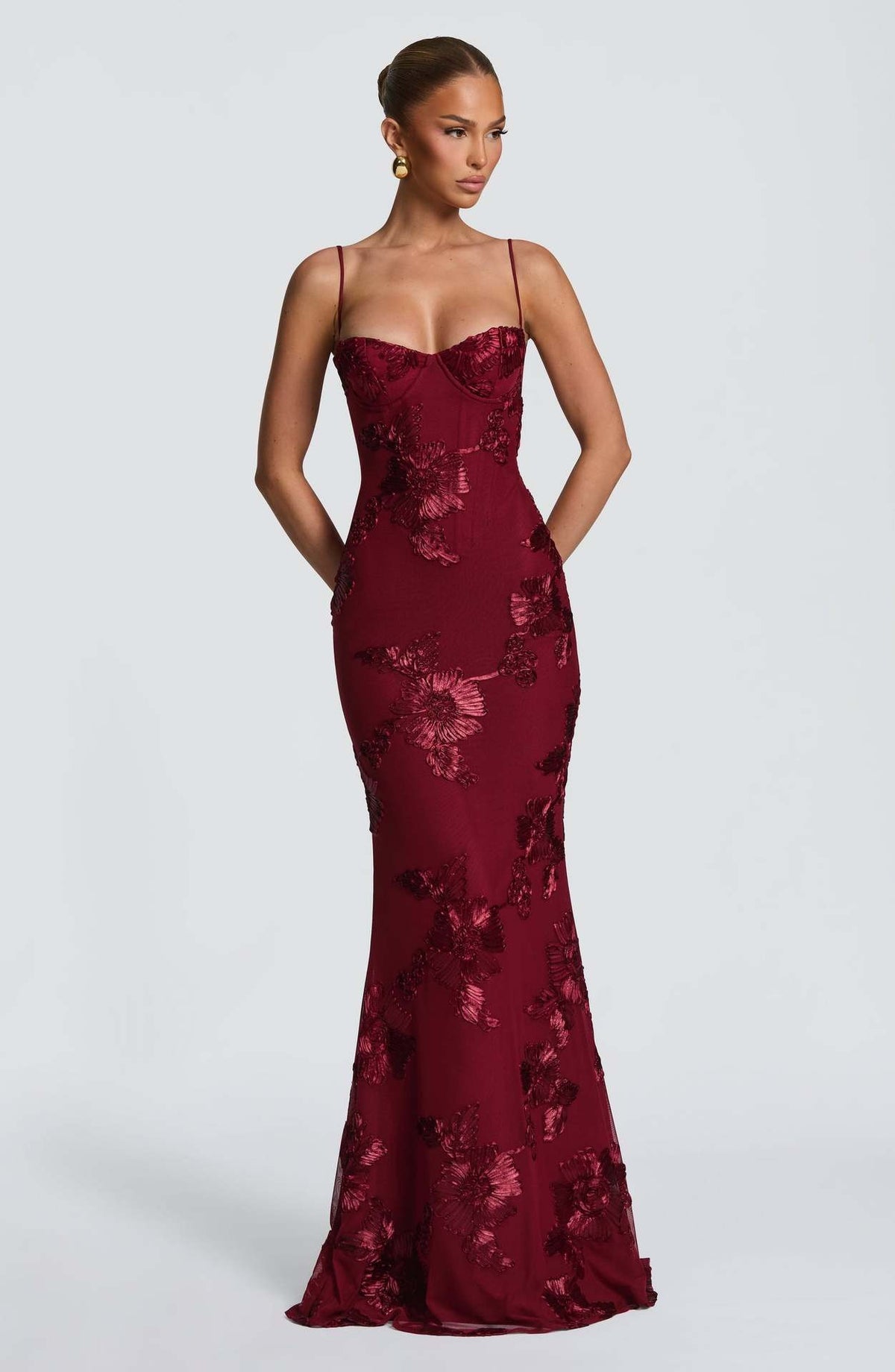 Women's Floral Embroidery Prom Dress in burgundy
