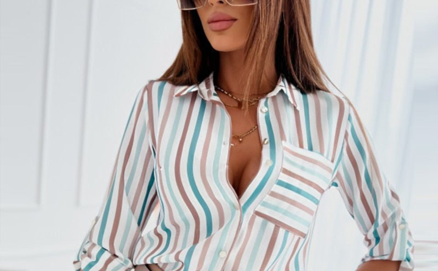 Women's satin print blouse in white stripe