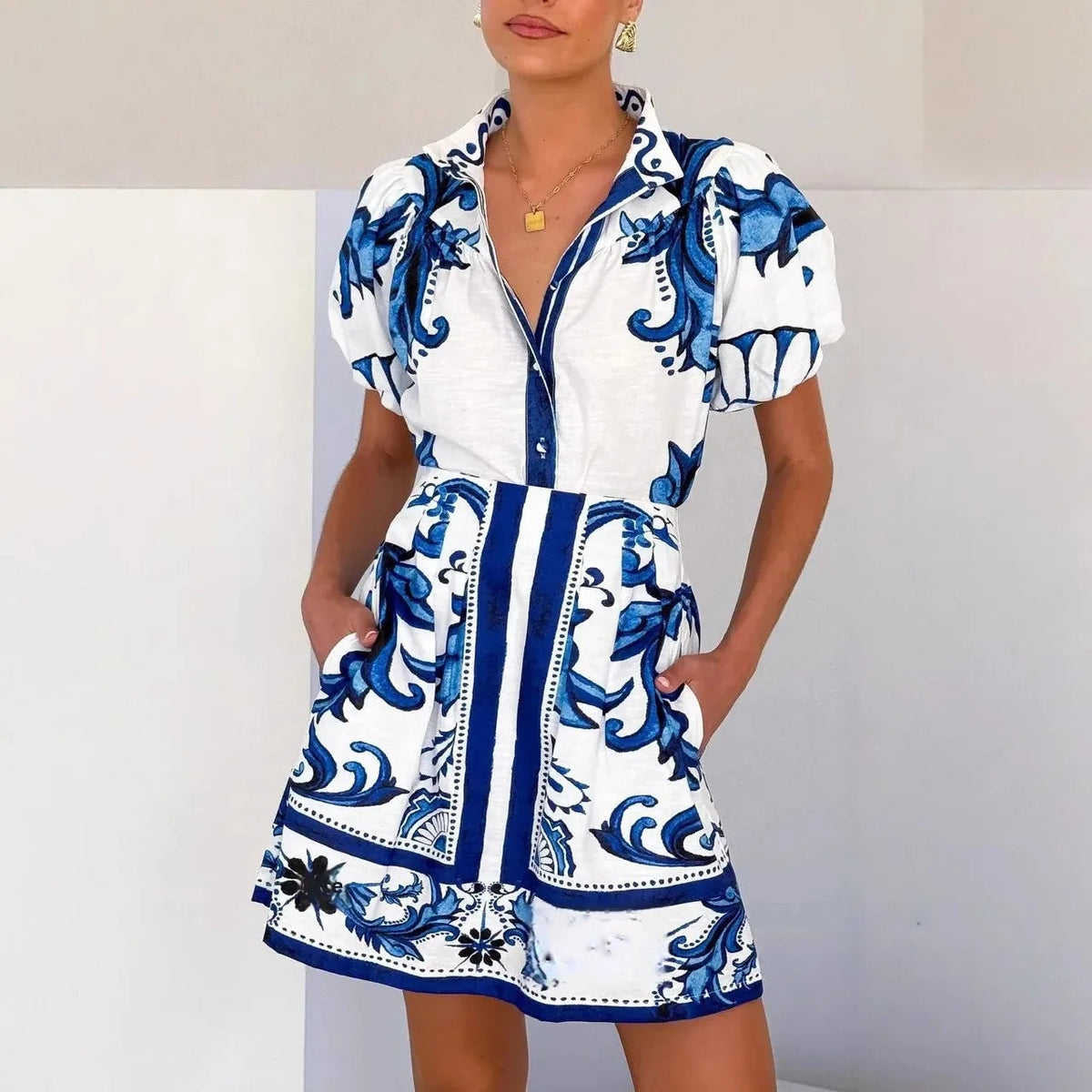 Mini-robe d’été pour femme – manches bouffantes à fleurs