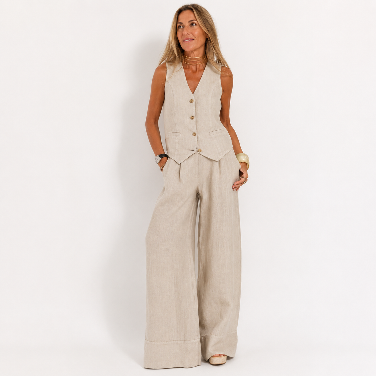Tabitha - Women's Linen Vest & Wide-leg Pants Set - photo 1