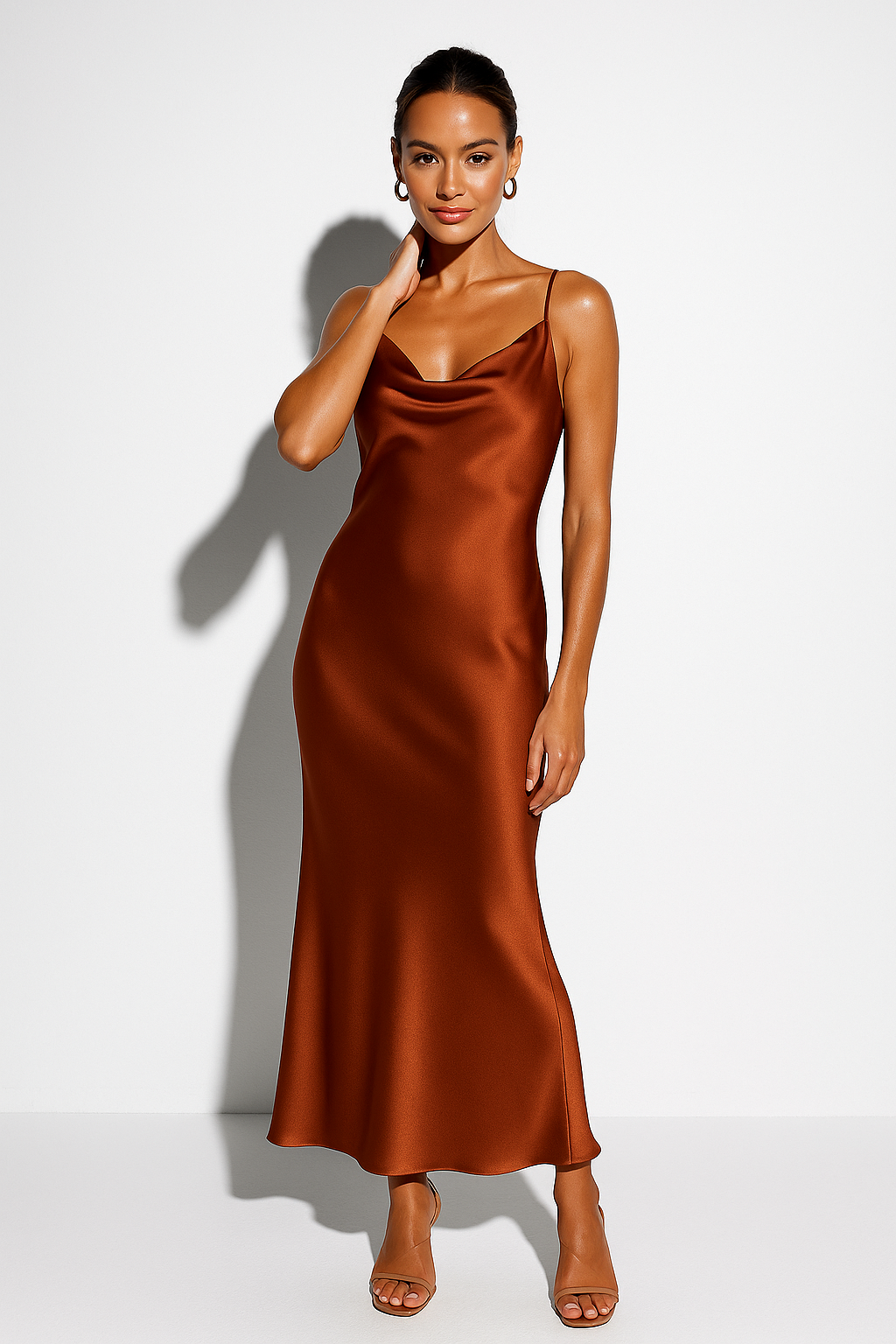 Candice - Women's Satin Midi Dress with a Deep Neckline