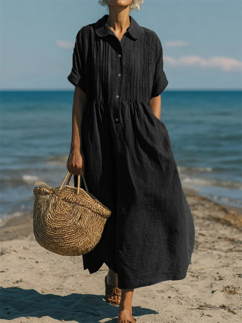 Ursula - Women's Pintuck Linen Maxi Shirt Dress - photo 11