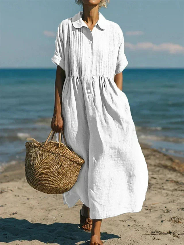 Ursula - Women's Pintuck Linen Maxi Shirt Dress - photo 3