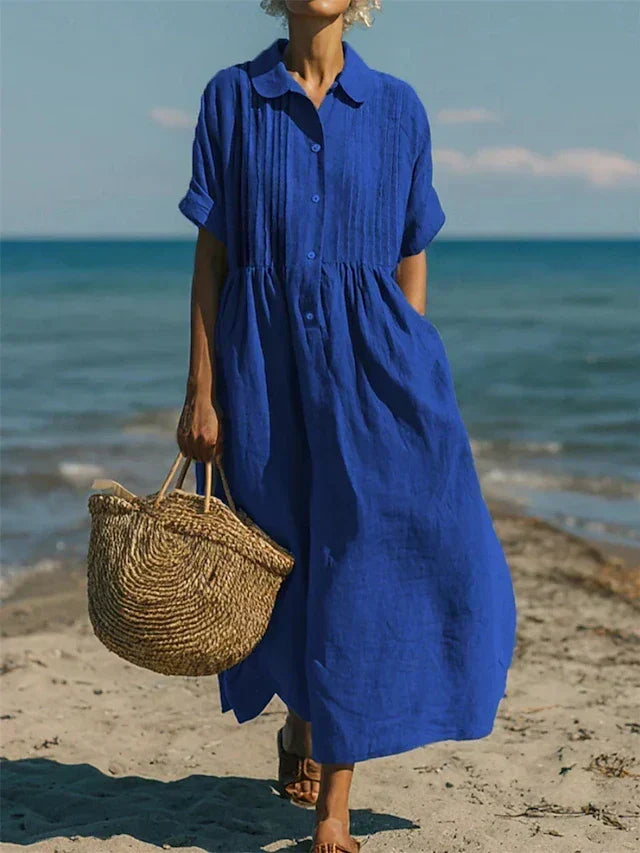 Ursula - Women's Pintuck Linen Maxi Shirt Dress - photo 5