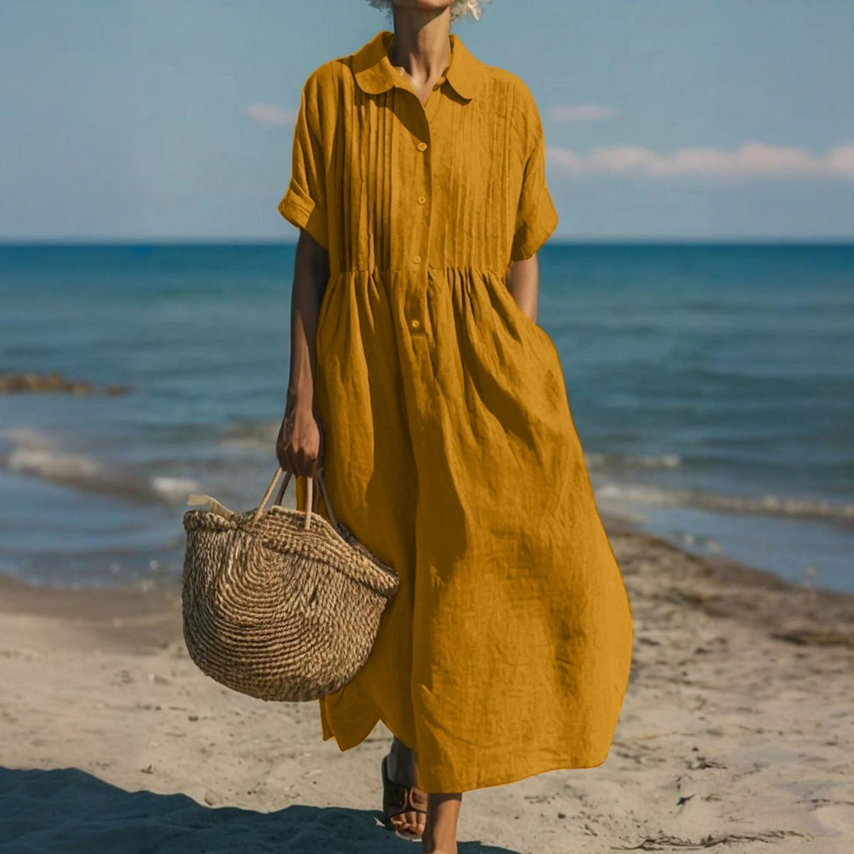 Ursula - Women's Pintuck Linen Maxi Shirt Dress - photo 7