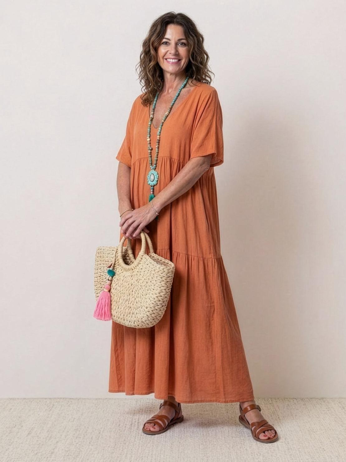 Women's Boho V Neck Tiered Maxi Dress in Rusty Orange