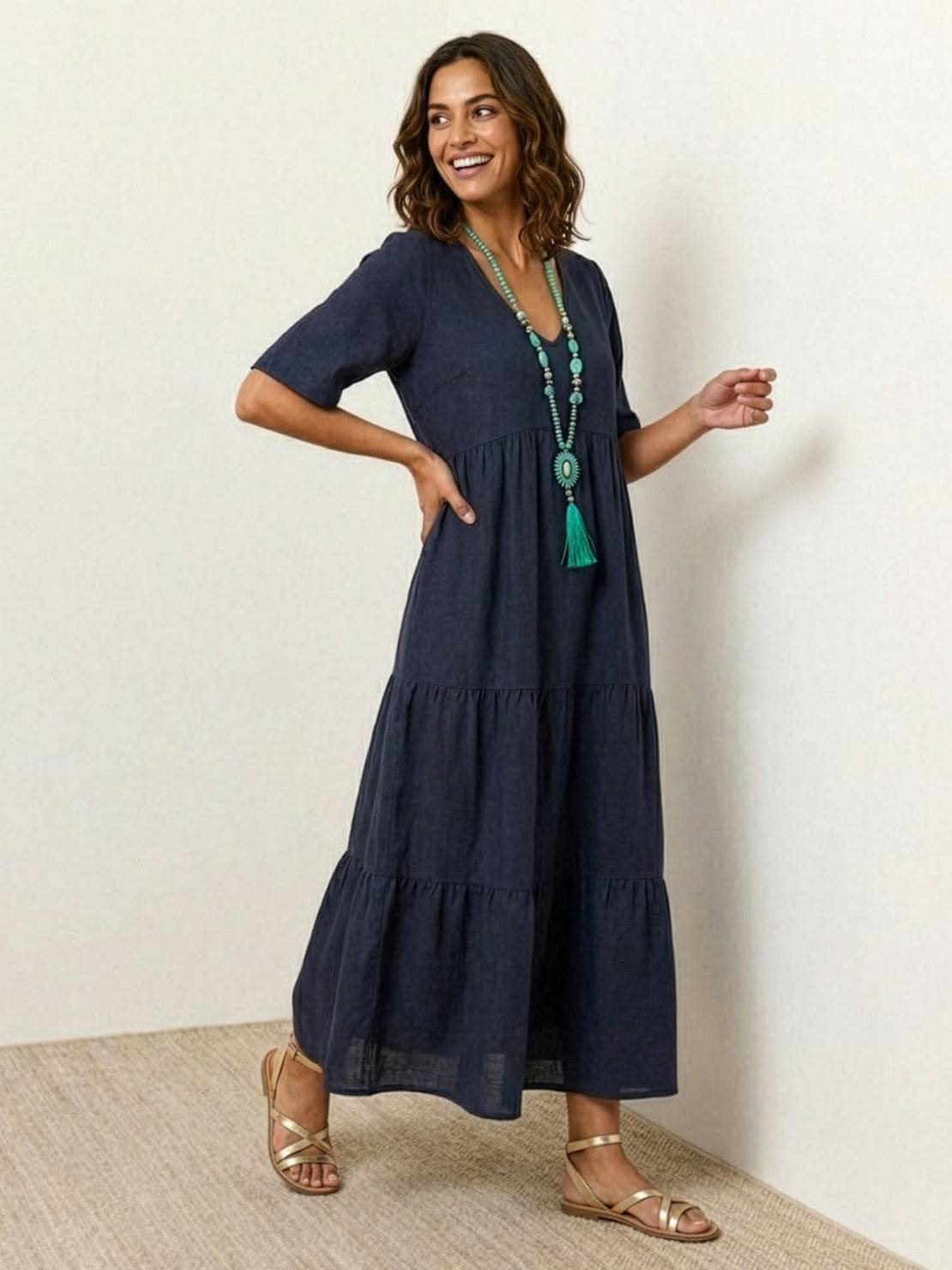 Brooklyn - Abito lungo bohémien da donna con scollo a V e balze