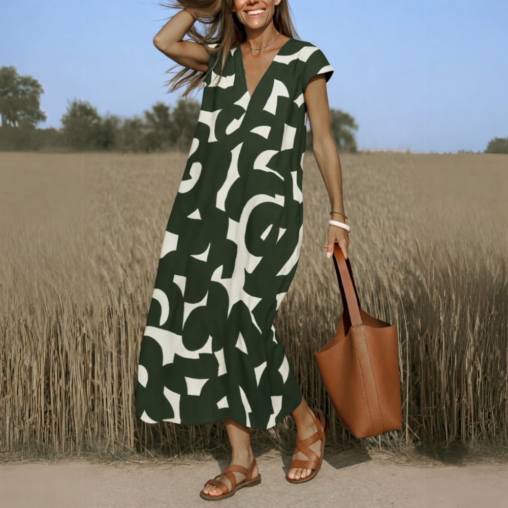 Women's Print Maxi Dress with V-Neckline