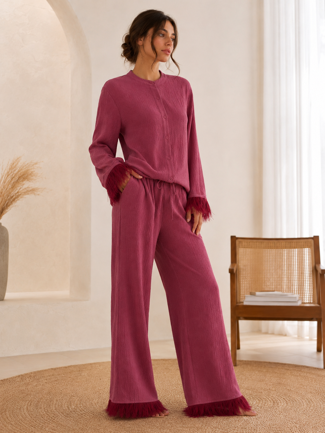 Vanessa - Women's Feather Trim Two Piece Set - photo 1