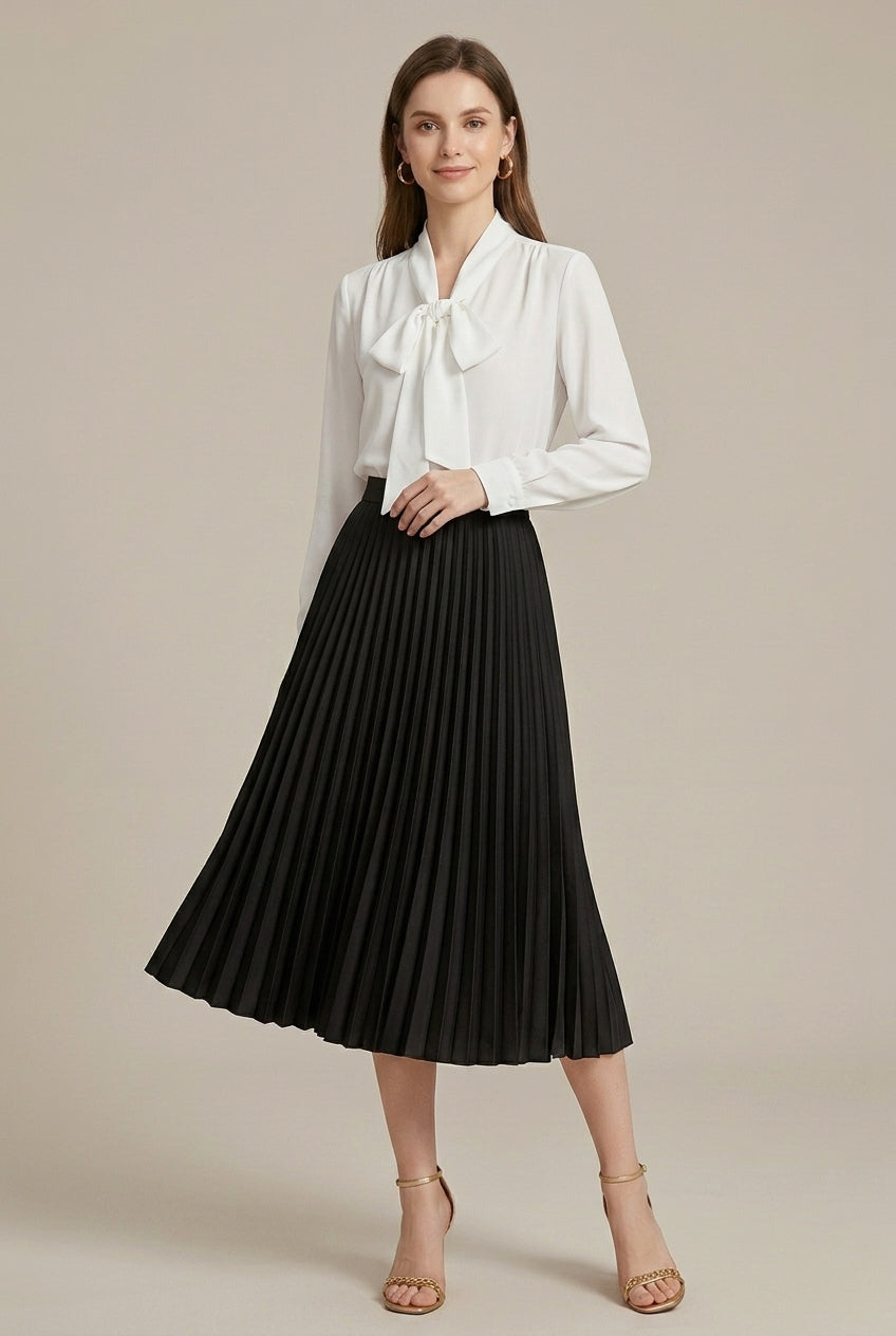 Women’s Pleated High-Waist Midi Skirt, Elegant A-Line Silhouette, Flowing Occasion Skirt