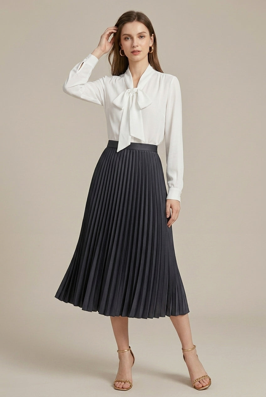 Women’s Pleated High-Waist Midi Skirt, Elegant A-Line Silhouette, Flowing Occasion Skirt
