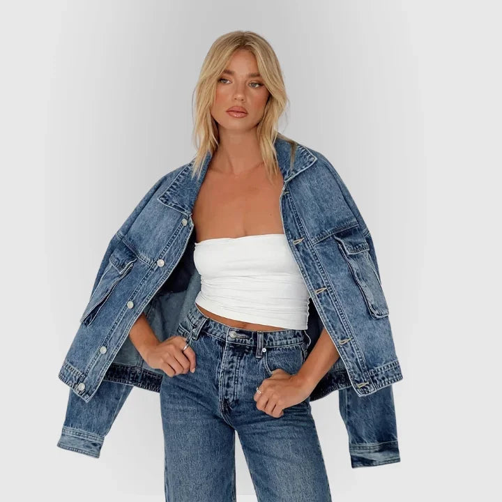 Blazer oversize in denim da donna con lavaggio vintage