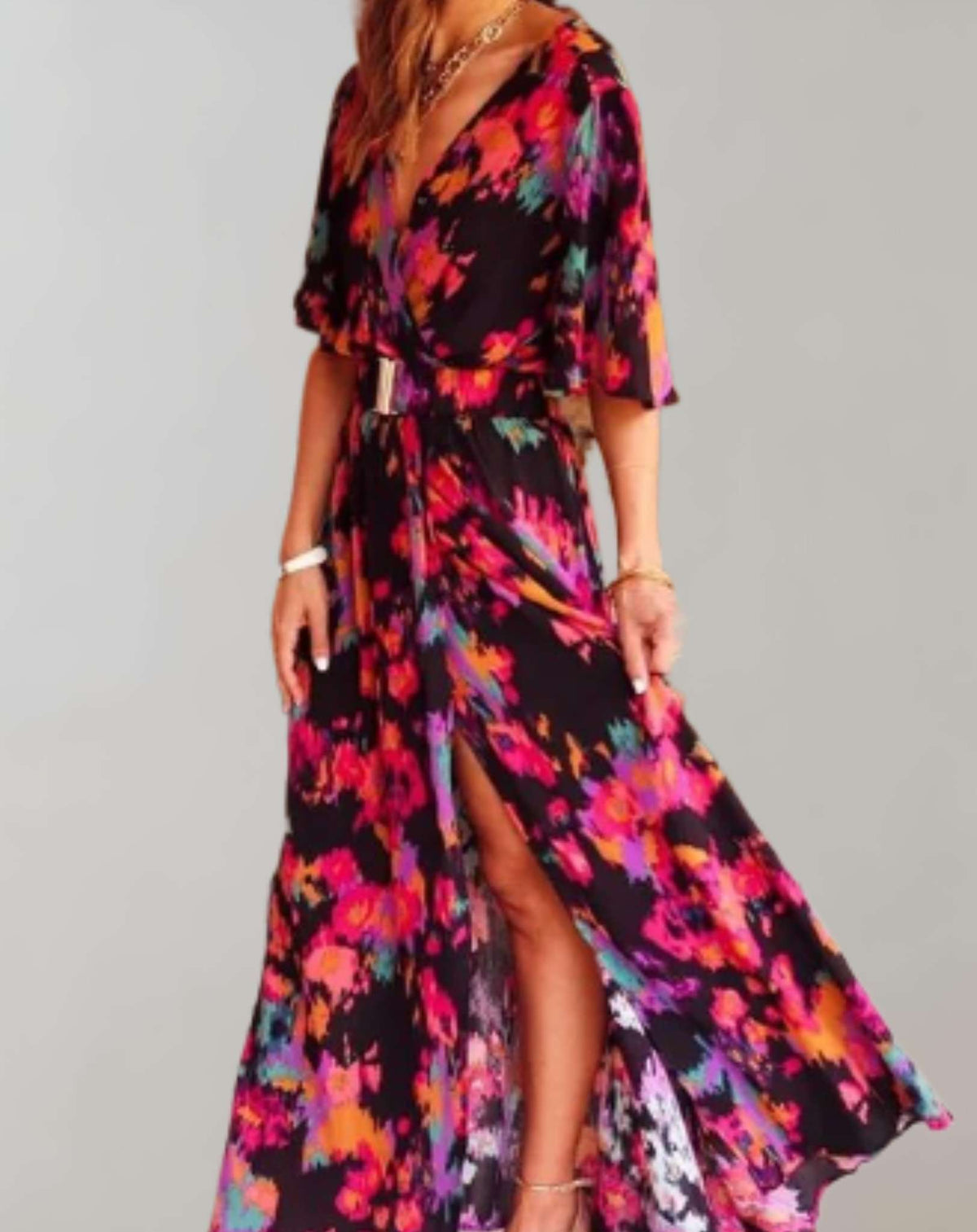 Charlene - Women's Printed Maxi Dress with Short Sleeves