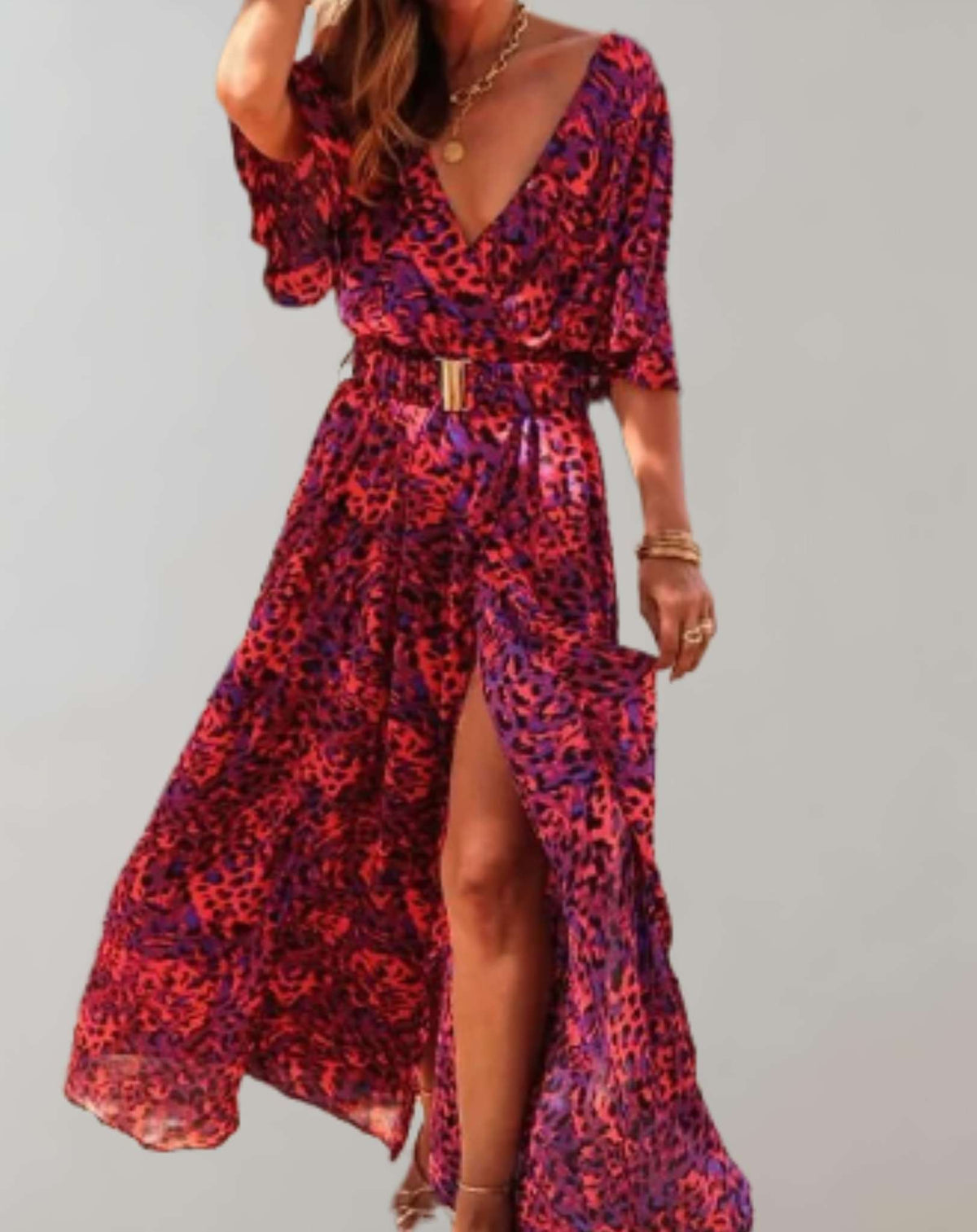 Charlene - Women's Printed Maxi Dress with Short Sleeves