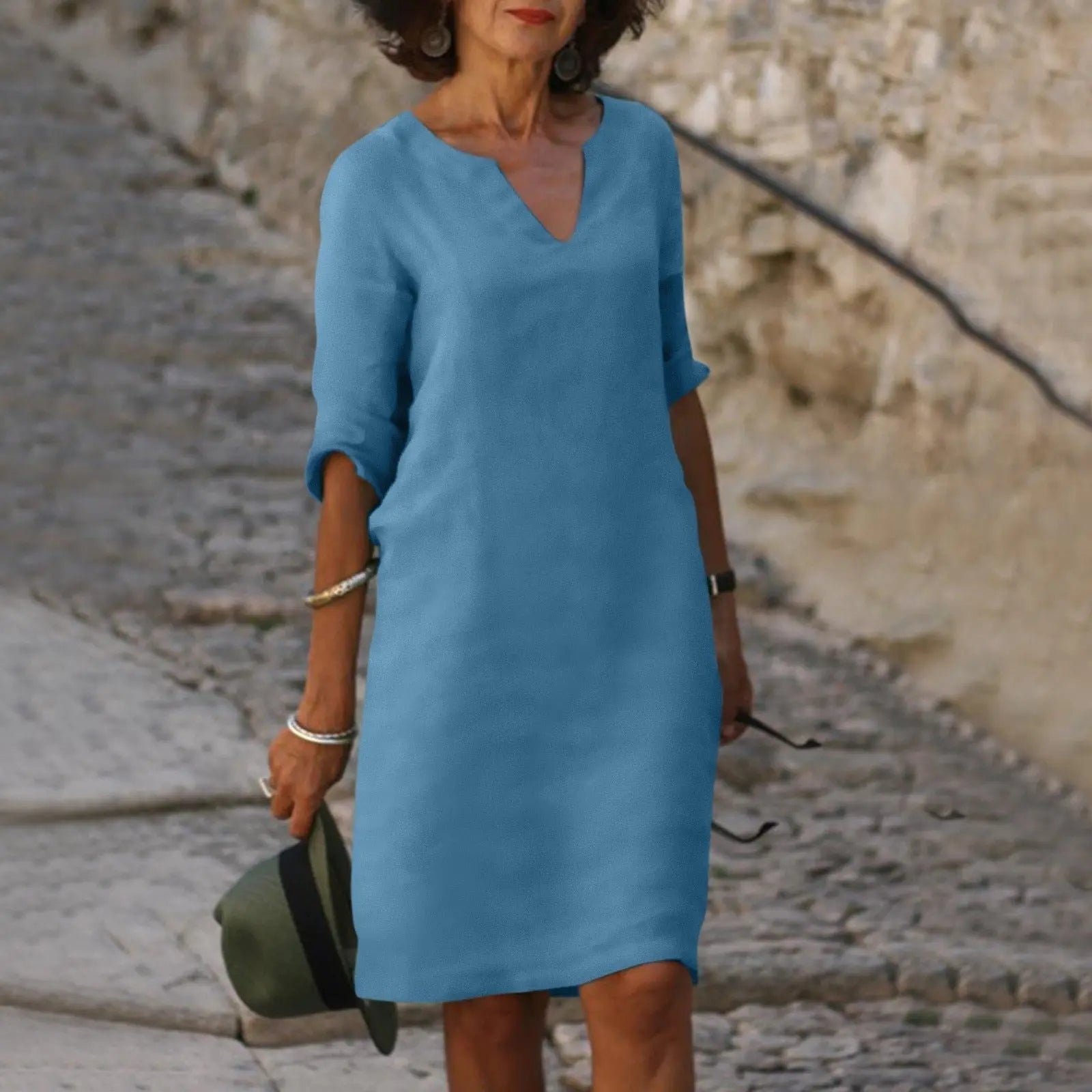 Cleo - Abito midi da donna in misto lino con scollo a V e maniche a 3/4