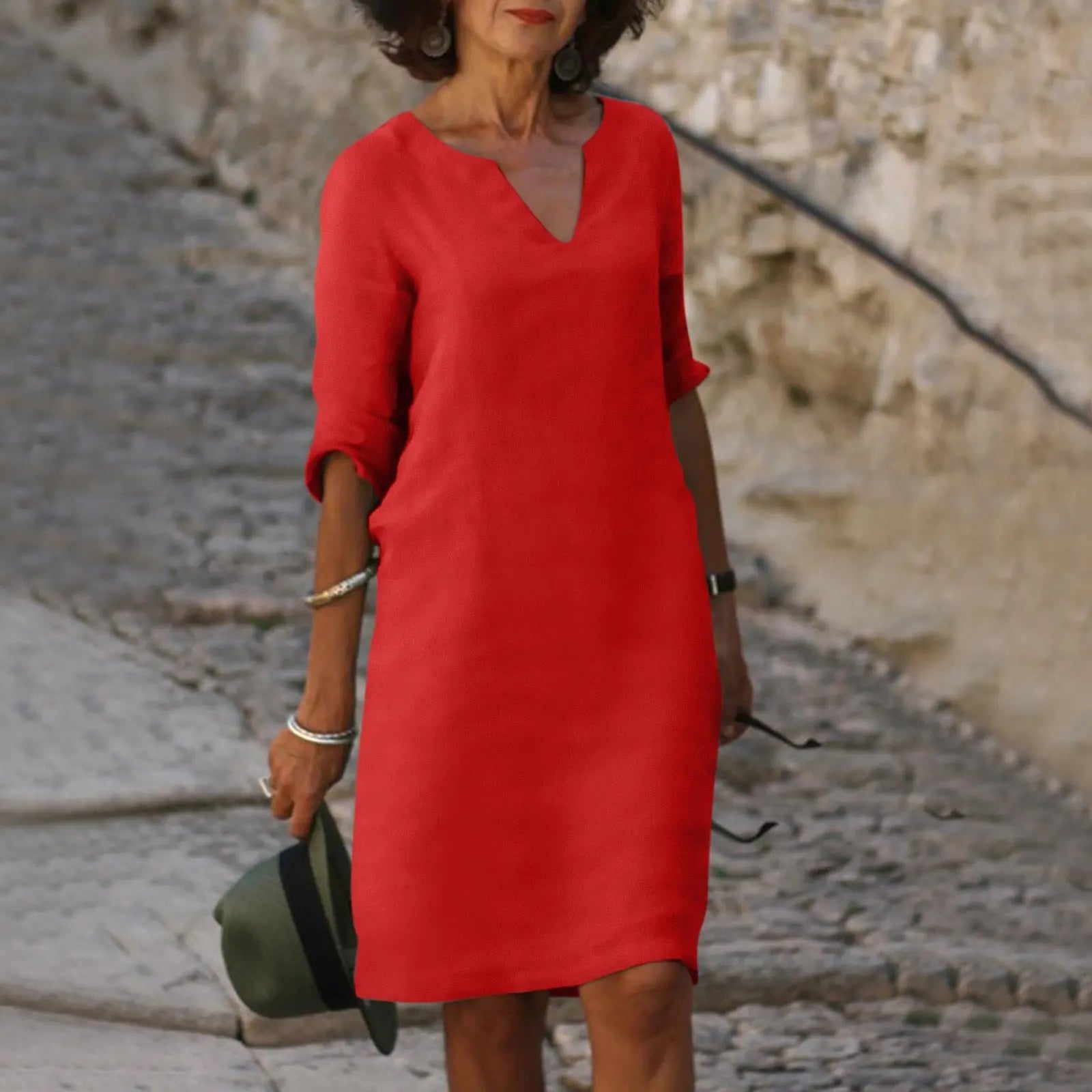 Cleo - Abito midi da donna in misto lino con scollo a V e maniche a 3/4