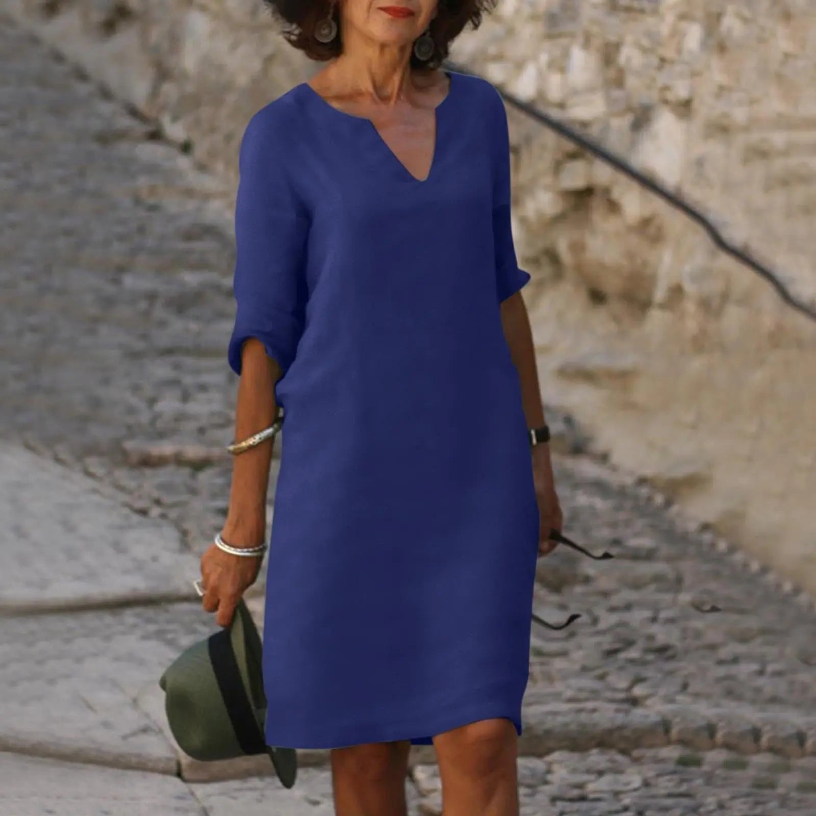 Cleo - Abito midi da donna in misto lino con scollo a V e maniche a 3/4