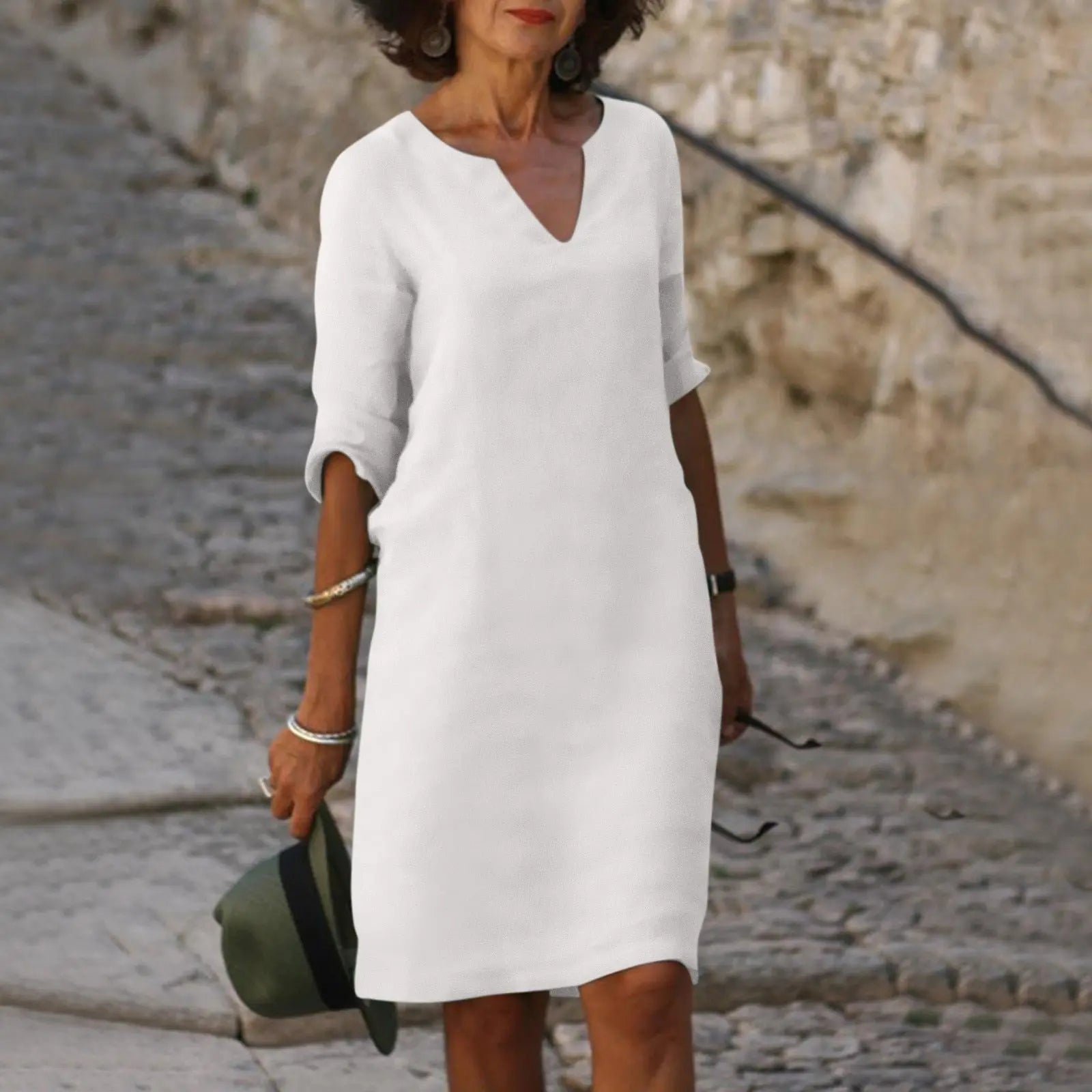 Cleo - Abito midi da donna in misto lino con scollo a V e maniche a 3/4