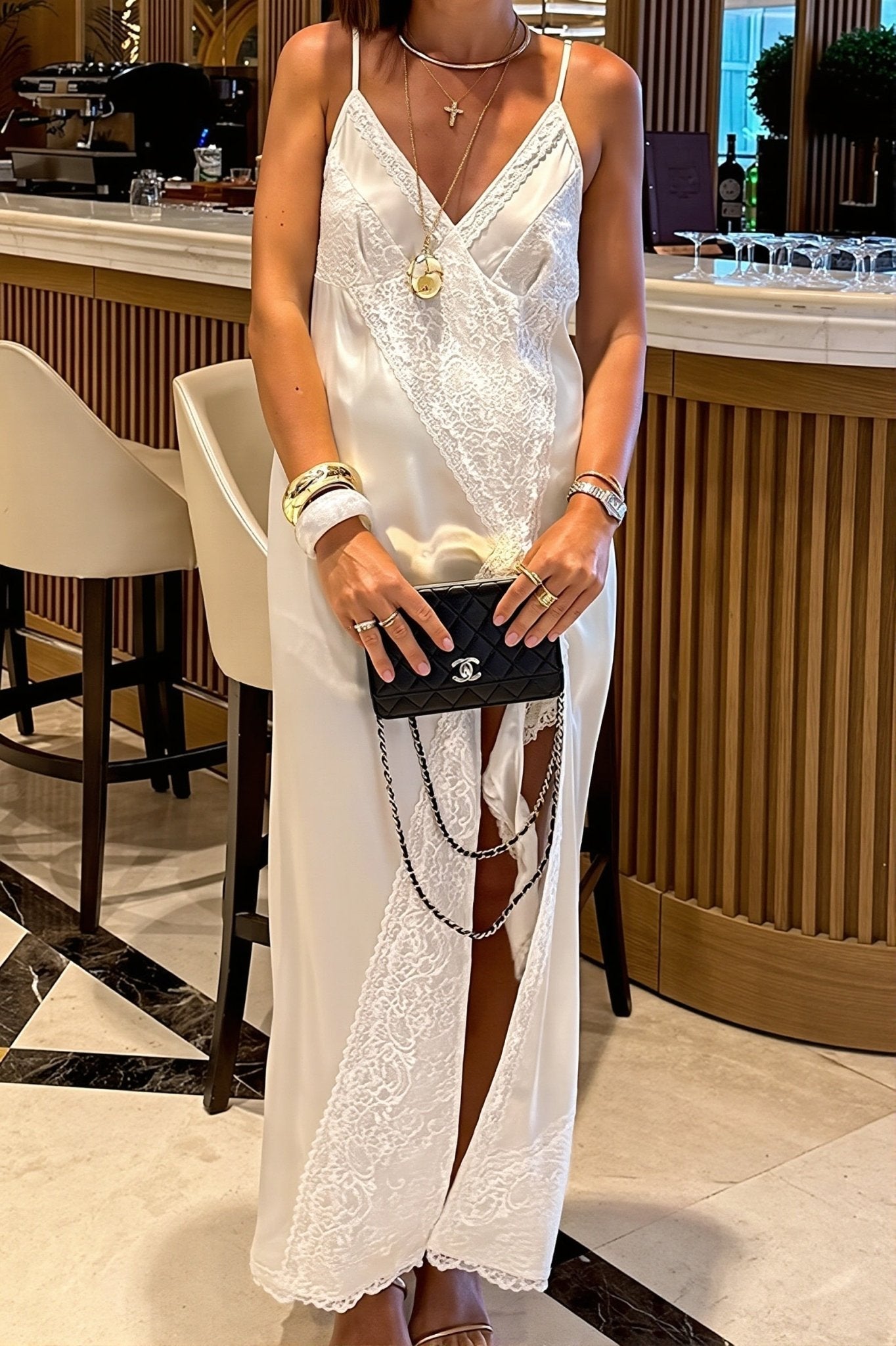 Carol - Vestido midi de satén para mujer, ideal para invitadas de boda, con ribete de encaje