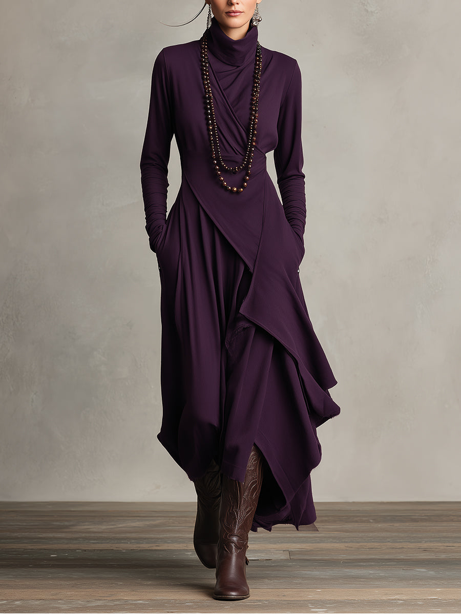 Asymmetrical Knit Maxi Dress with Turtleneck