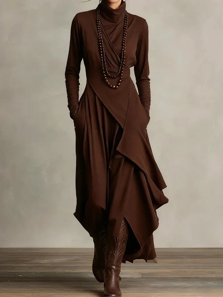 Asymmetrical Knit Maxi Dress with Turtleneck