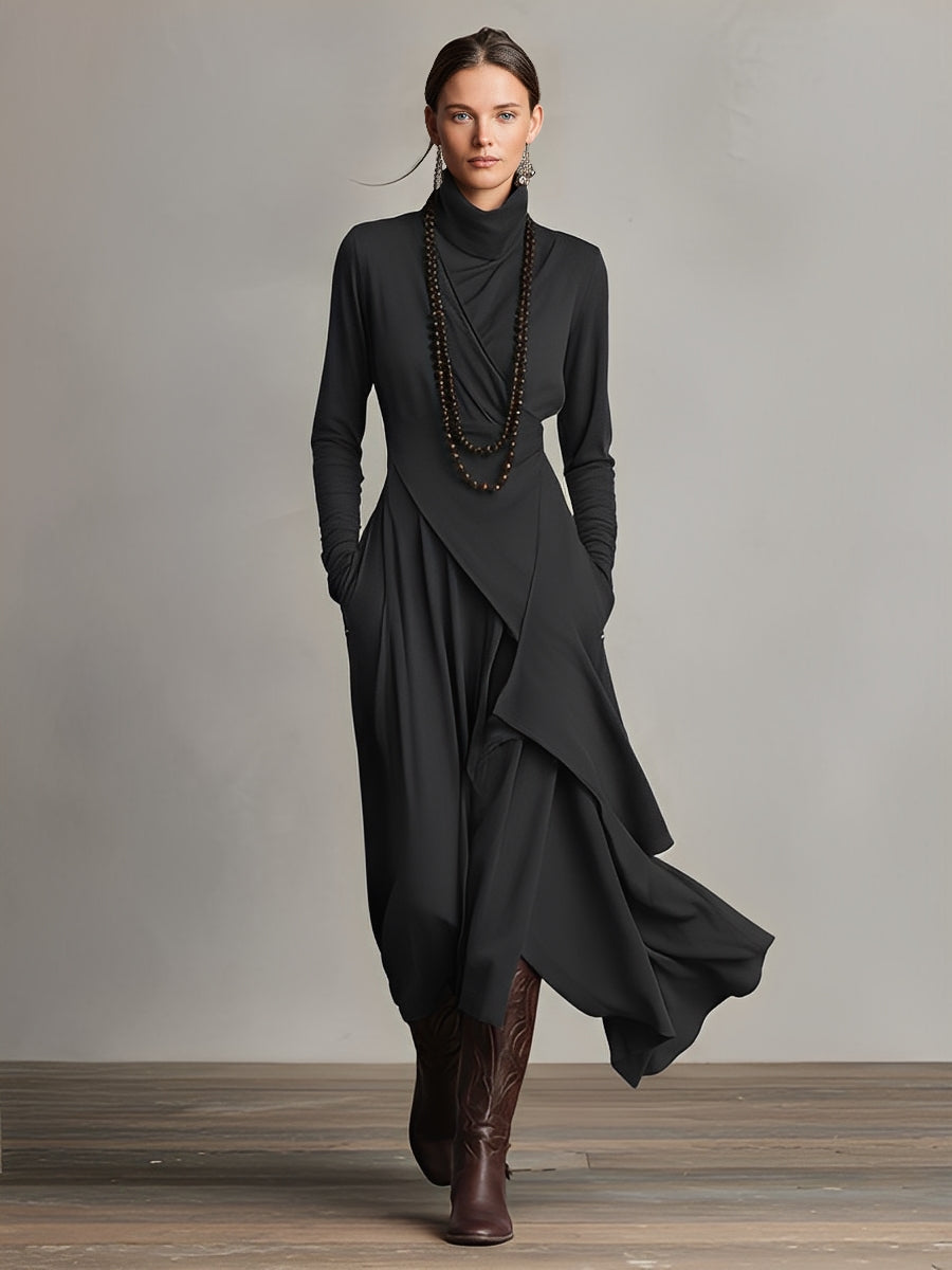 Asymmetrical Knit Maxi Dress with Turtleneck