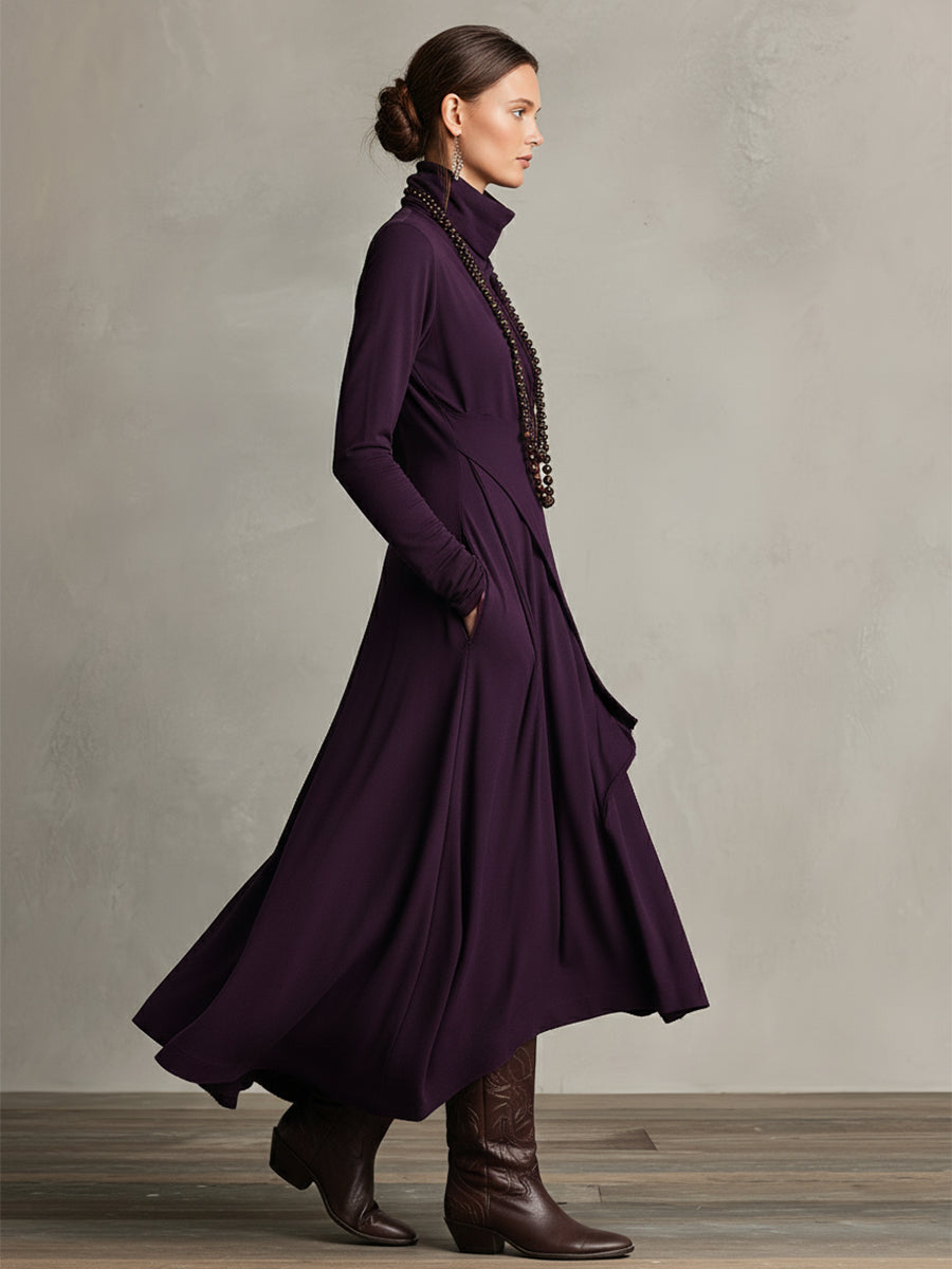 Asymmetrical Knit Maxi Dress with Turtleneck