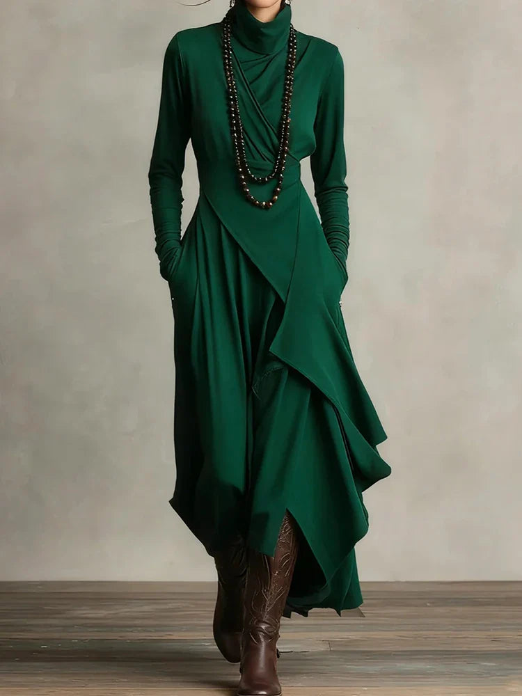 Asymmetrical Knit Maxi Dress with Turtleneck