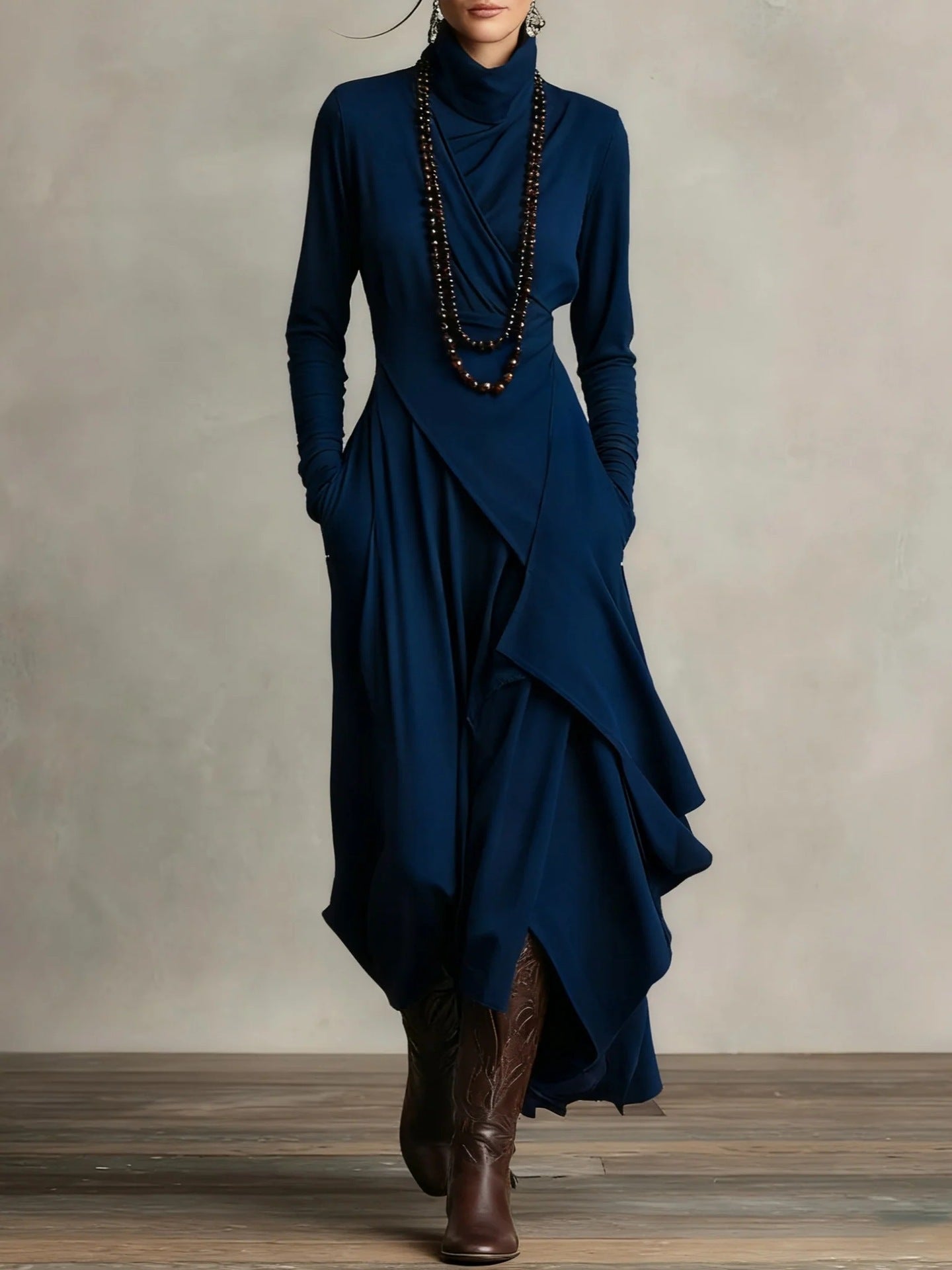 Asymmetrical Knit Maxi Dress with Turtleneck