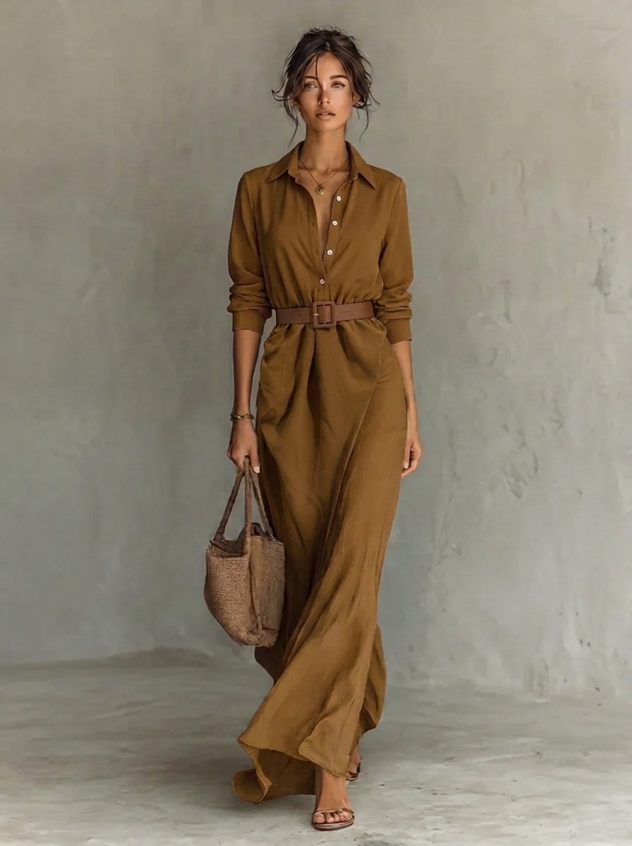 Women's Belted Maxi Long Sleeve Dress Collared Shirt Style