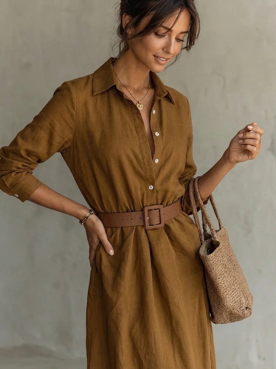 Women's Belted Maxi Long Sleeve Dress Collared Shirt Style