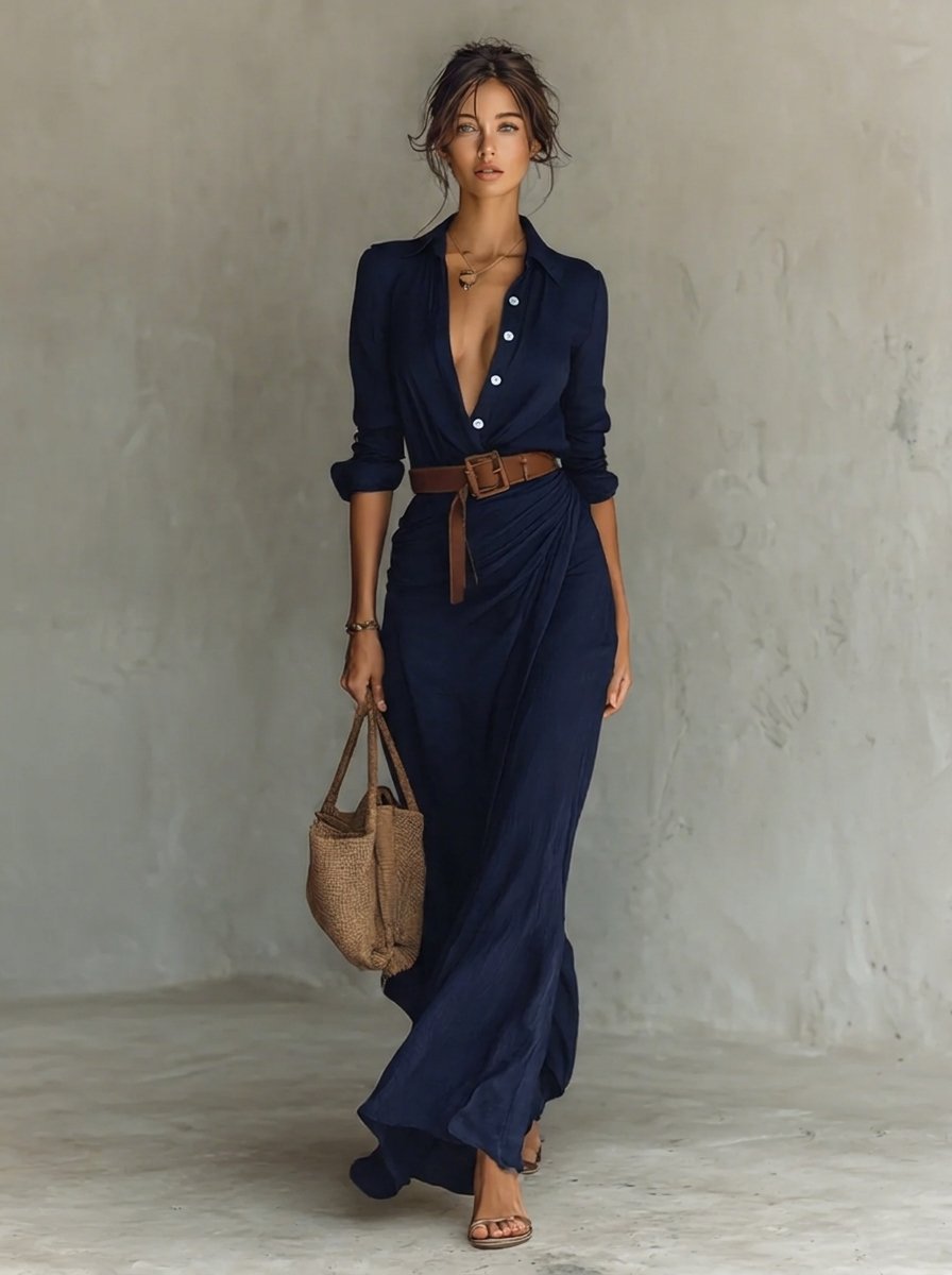 Women's Belted Maxi Long Sleeve Dress Collared Shirt Style