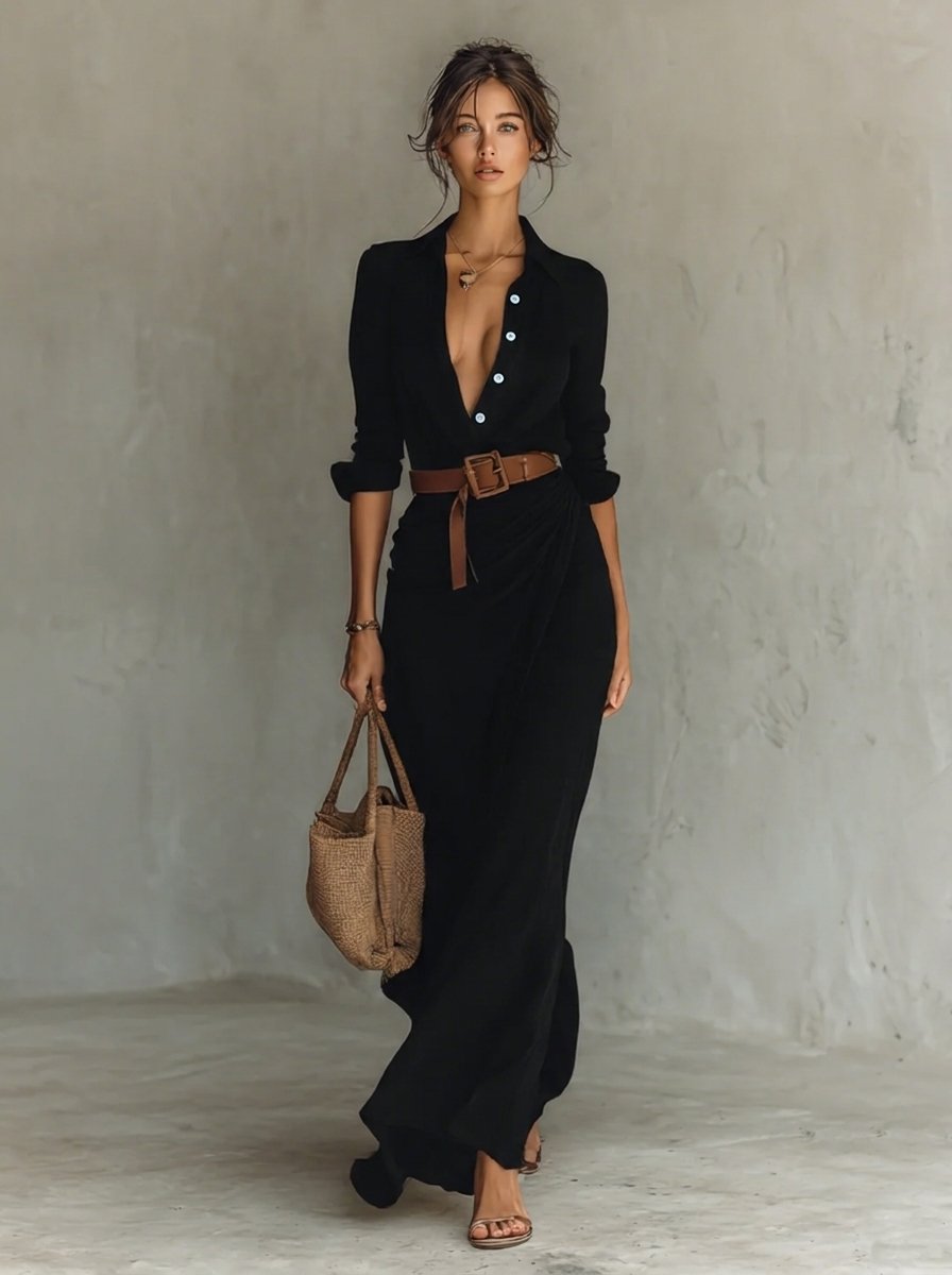 Women's Belted Maxi Long Sleeve Dress Collared Shirt Style
