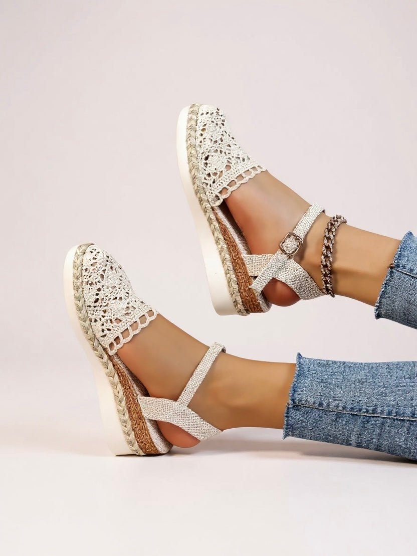 Victoria - Sandali espadrillas con plateau da donna, stile boho, all'uncinetto