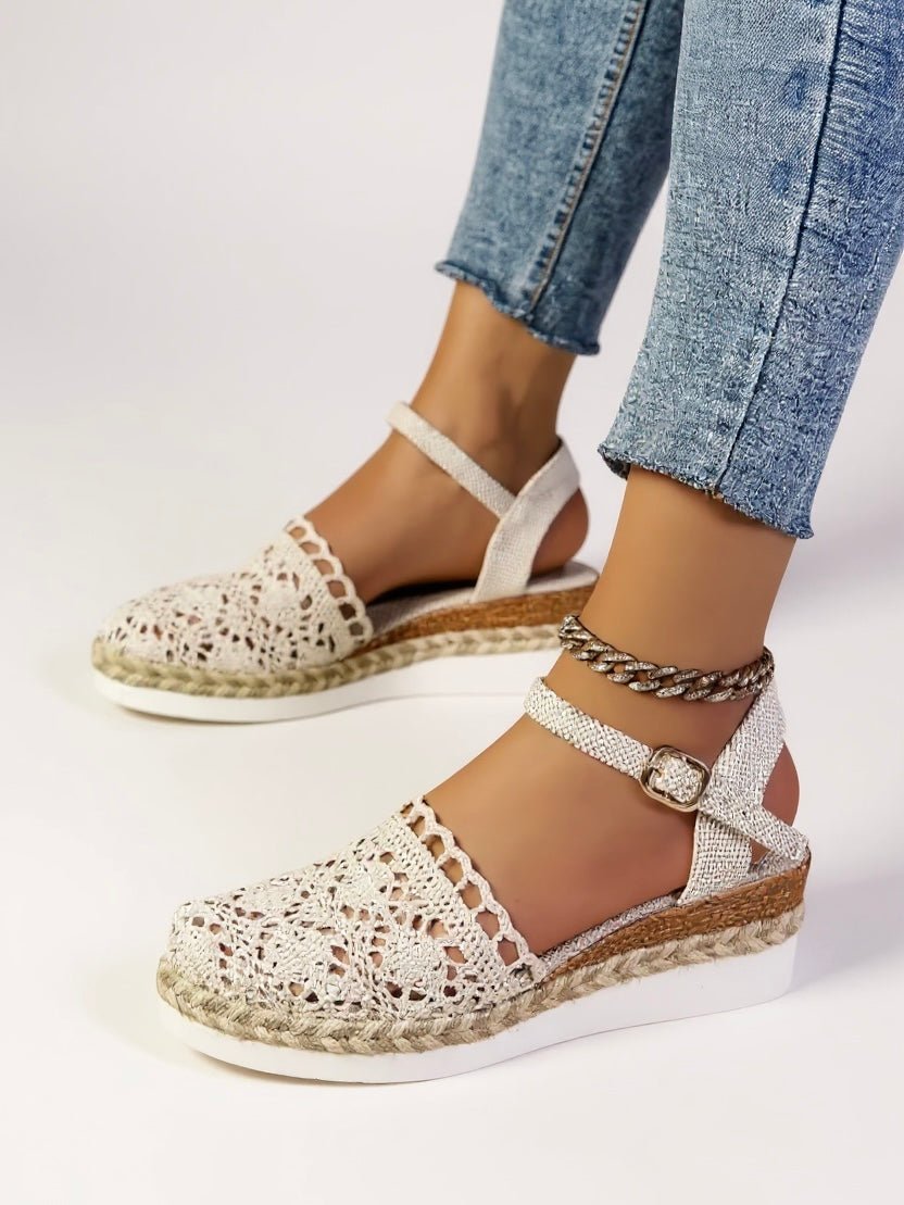 Victoria - Sandali espadrillas con plateau da donna, stile boho, all'uncinetto