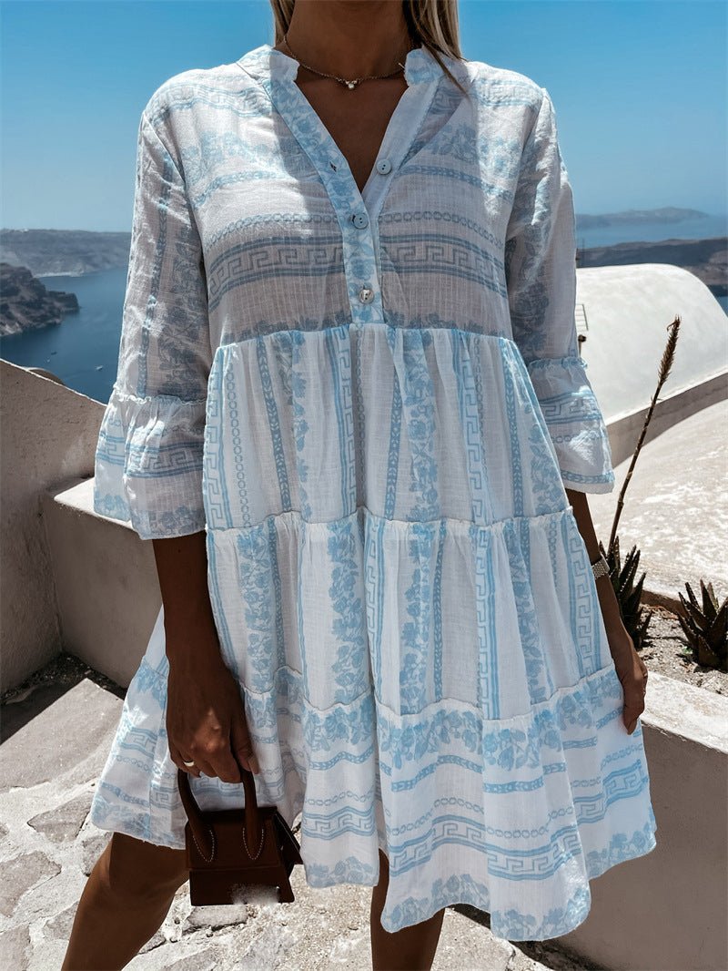 Abbey - Women's Boho Printed Tiered Tunic Mini Dress Relaxed Fit