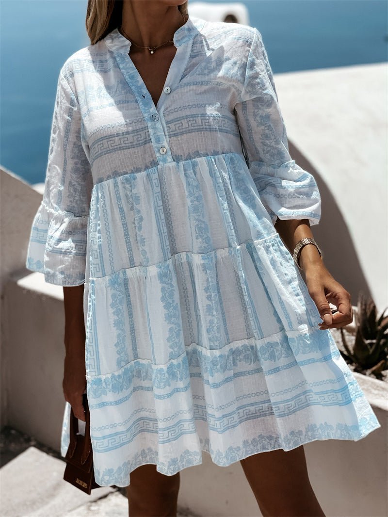 Abbey - Women's Boho Printed Tiered Tunic Mini Dress Relaxed Fit