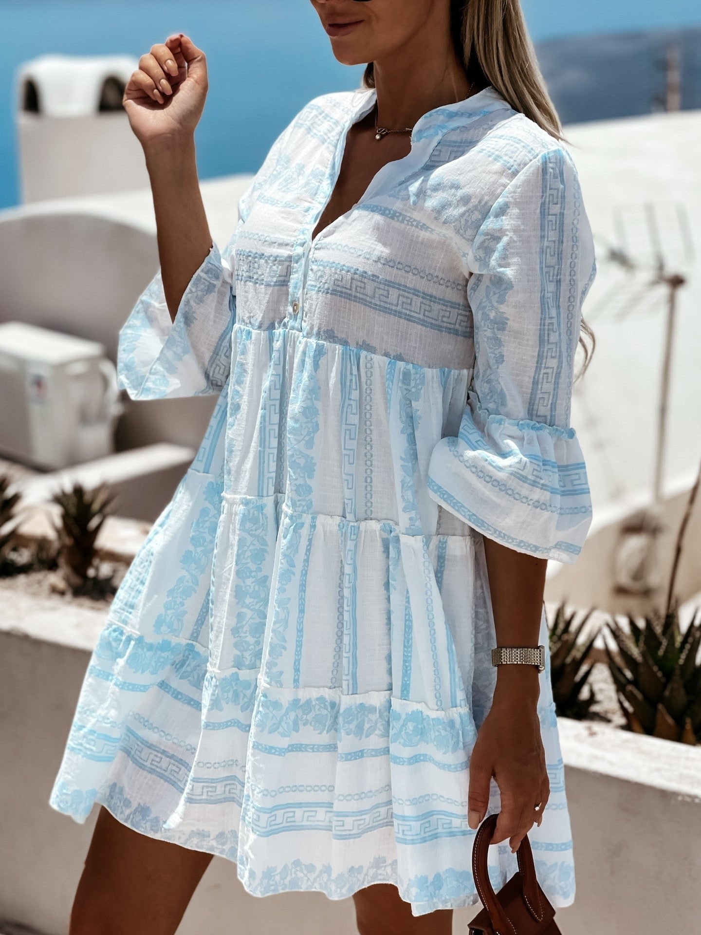 Abbey - Women's Boho Printed Tiered Tunic Mini Dress Relaxed Fit
