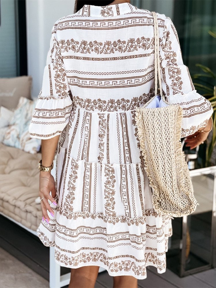 Abbey - Women's Boho Printed Tiered Tunic Mini Dress Relaxed Fit