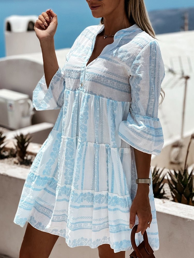 Abbey - Women's Boho Printed Tiered Tunic Mini Dress Relaxed Fit