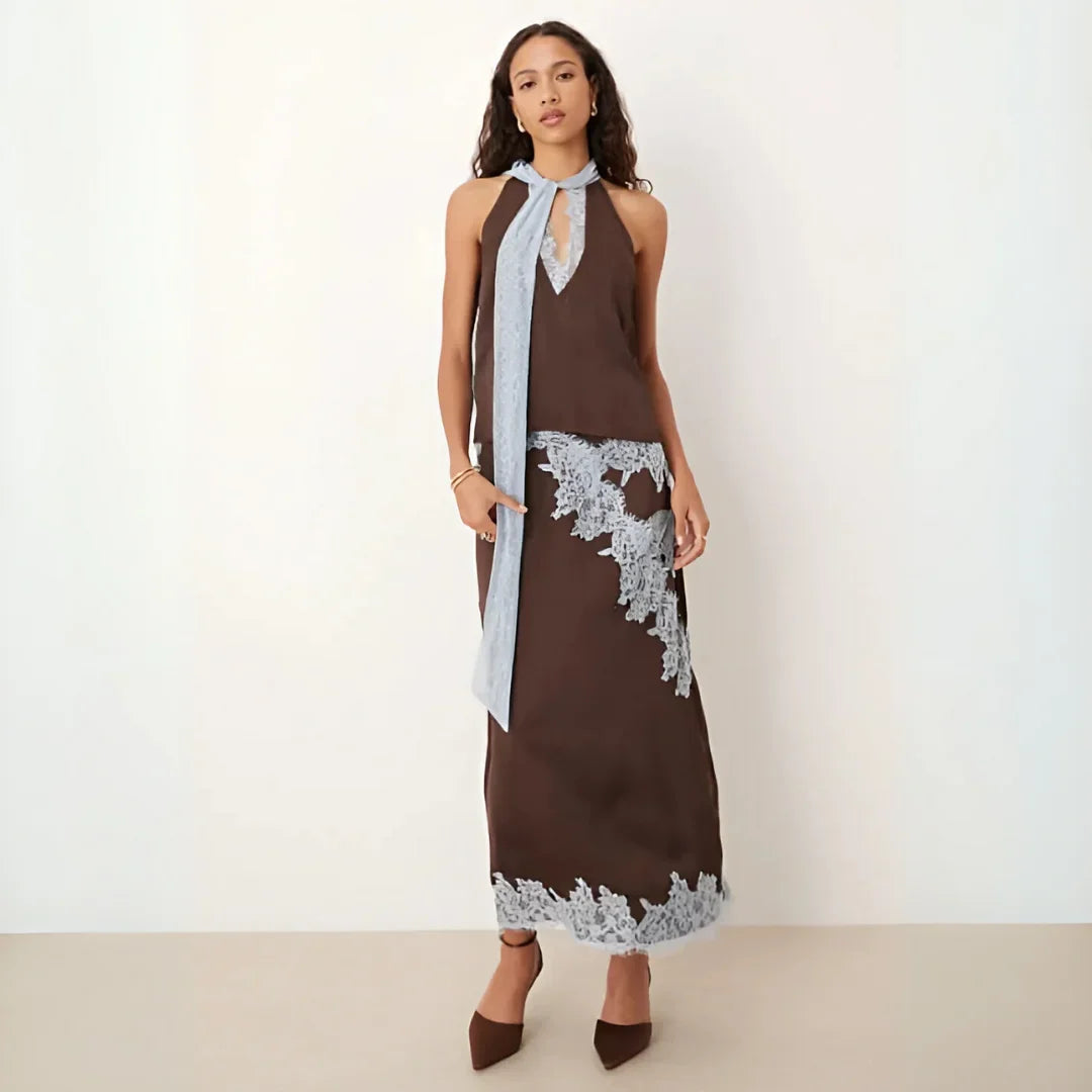 Caitriona - Women's Lace Panel Maxi Dress with Halter Neck