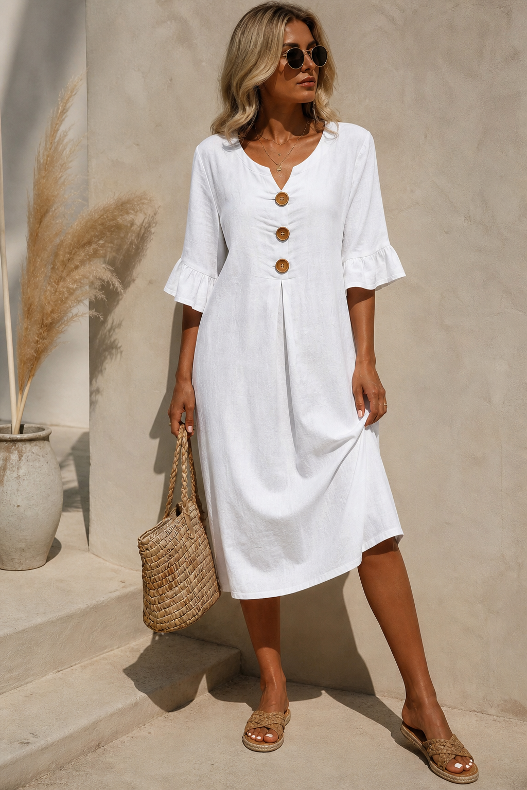 Becca - Vestido midi de mujer con botones delanteros y mangas con volantes